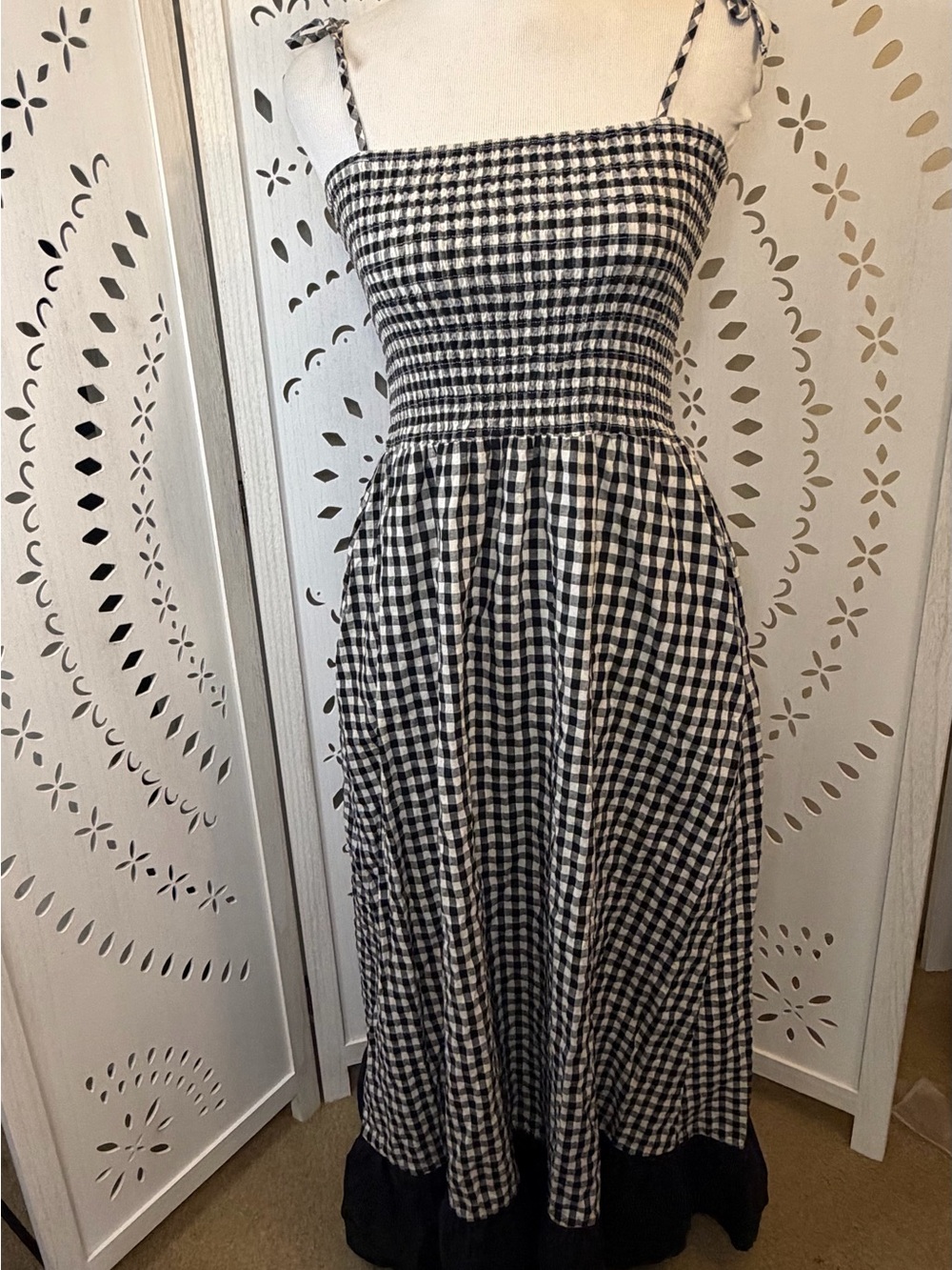 100% Cotton Black & White Gingham Tie-Shoulder Maxi Dress - Picture 2 of 12